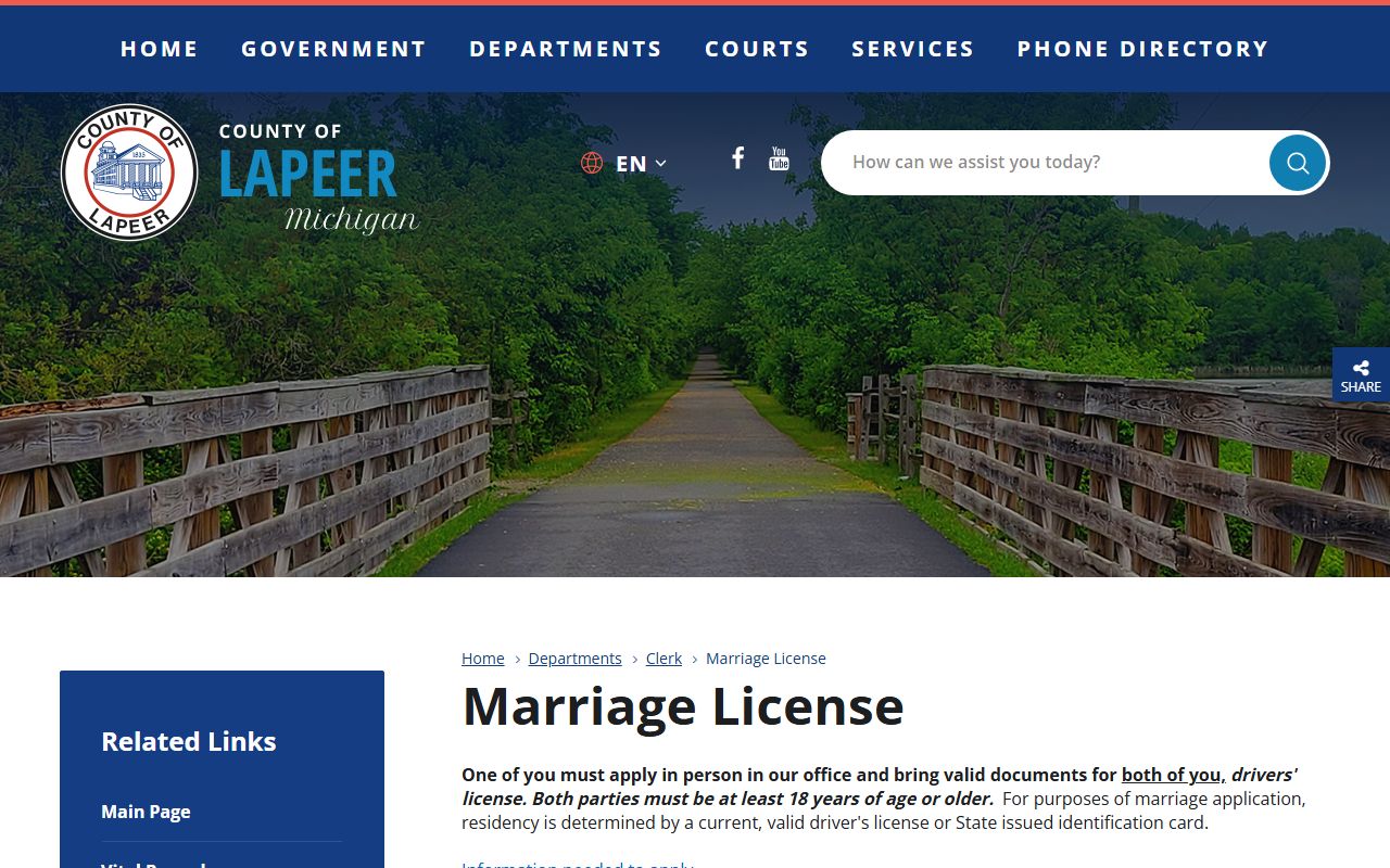 Lapeer County Clerk marriage license application page and requirements