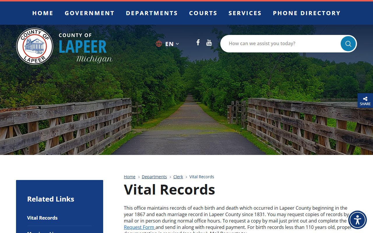Lapeer County Clerk vital records page for birth, death, and marriage certificates