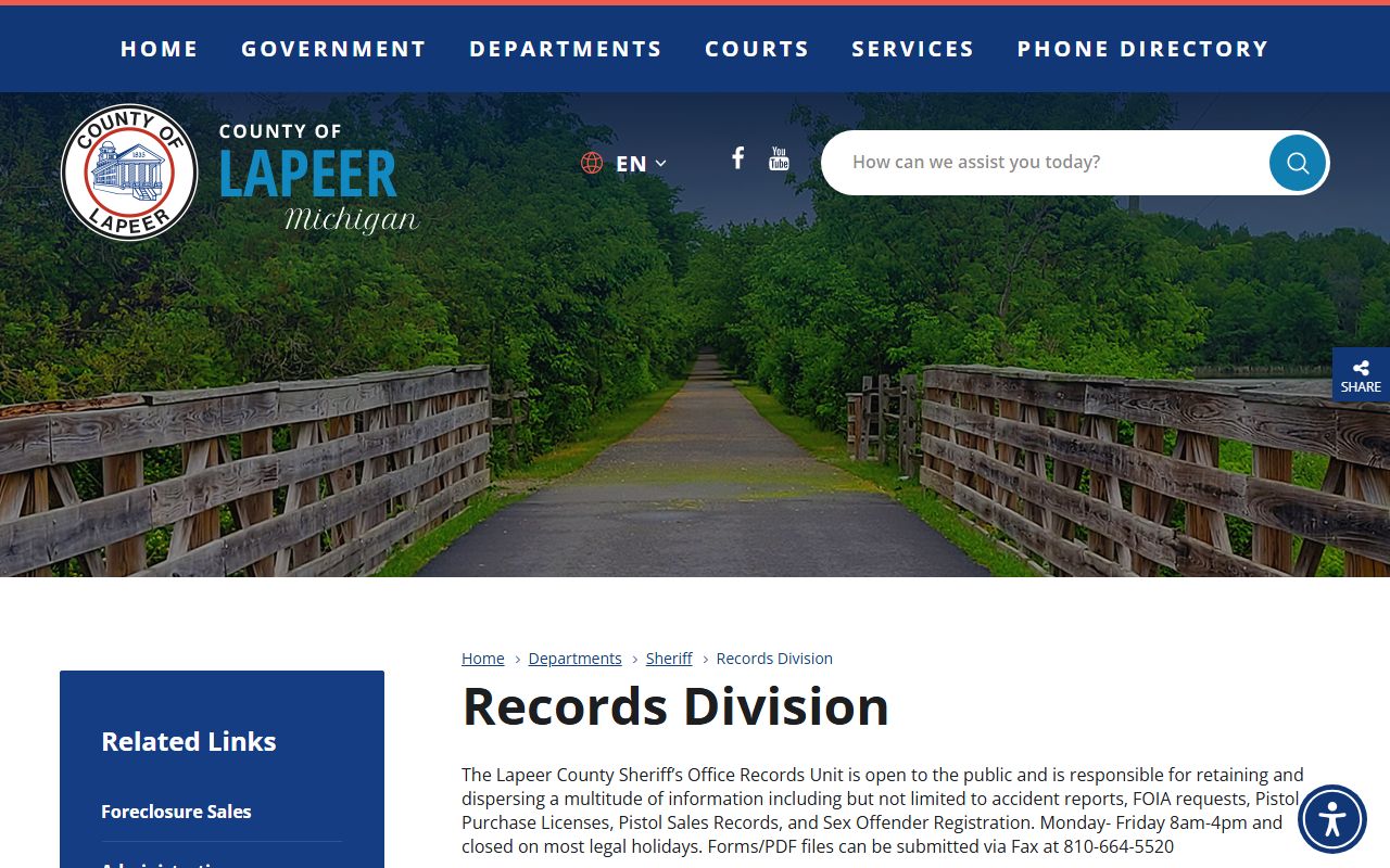 Lapeer County arrest records Sheriff Records Division page