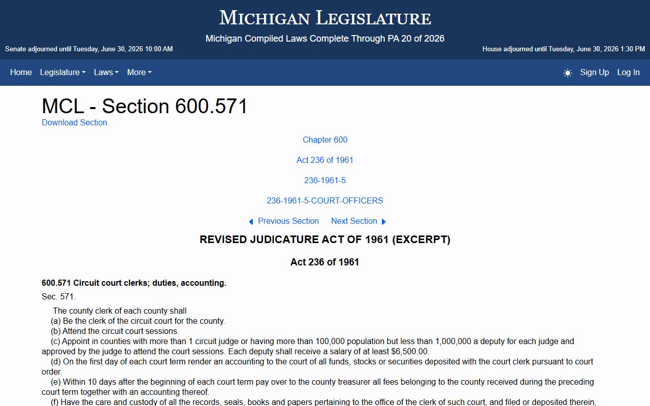 Michigan statute making the Lapeer County Clerk the clerk of the Circuit Court for court dockets