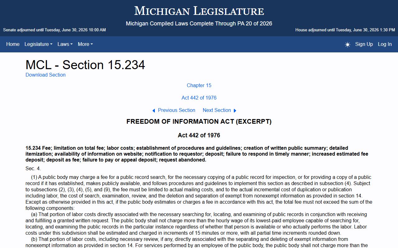 Michigan FOIA fee statute for Lapeer County public records request costs