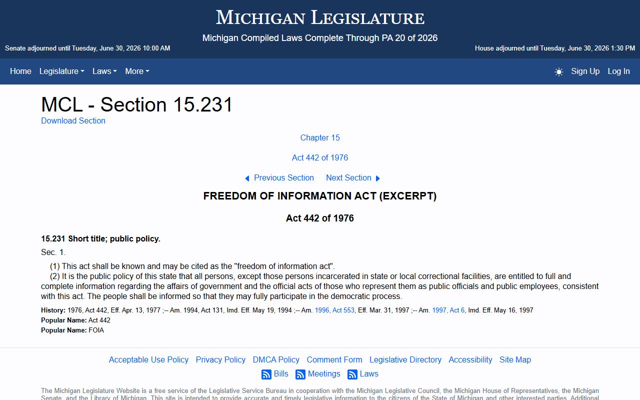 Michigan FOIA public policy statute supporting Lapeer County court records access