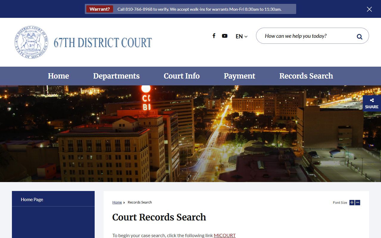 Lapeer County court records search fields shown on a nearby MiCOURT records page
