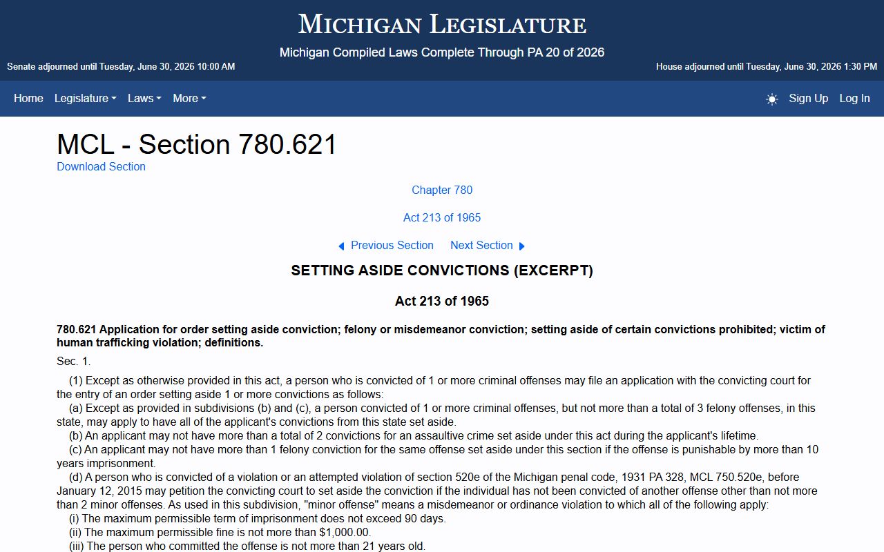 Lapeer County criminal court records Michigan set-aside application statute