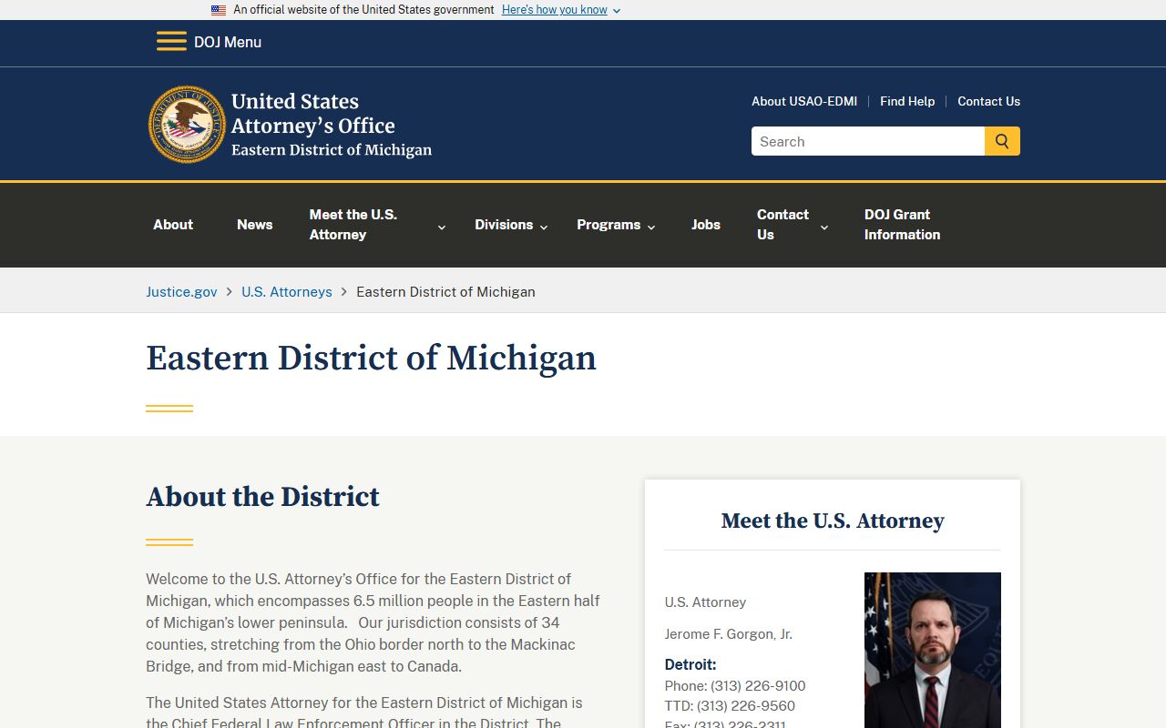 Lapeer County criminal court records federal U.S. Attorney Eastern District of Michigan