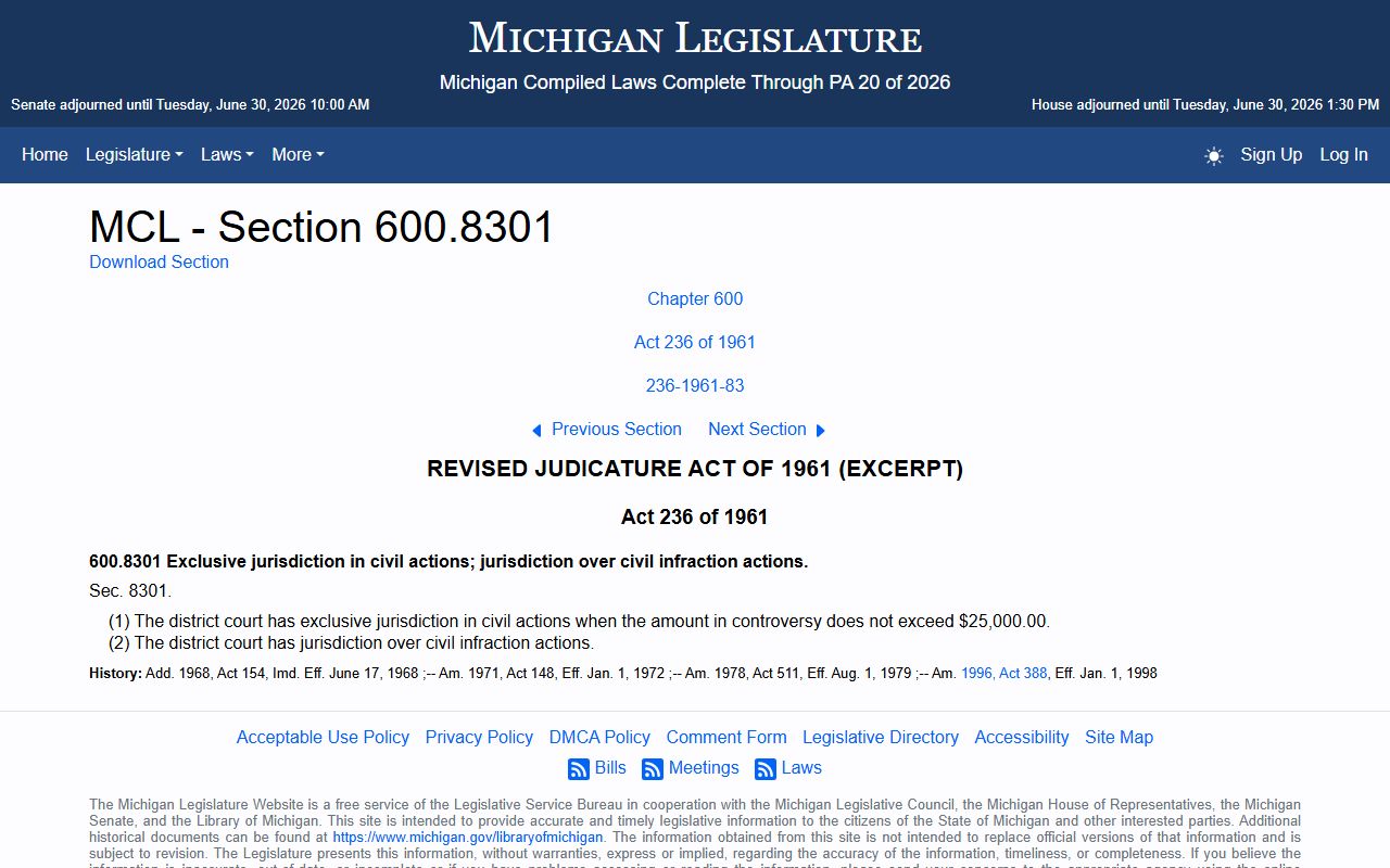 Lapeer County District Court civil jurisdiction statute MCL 600.8301