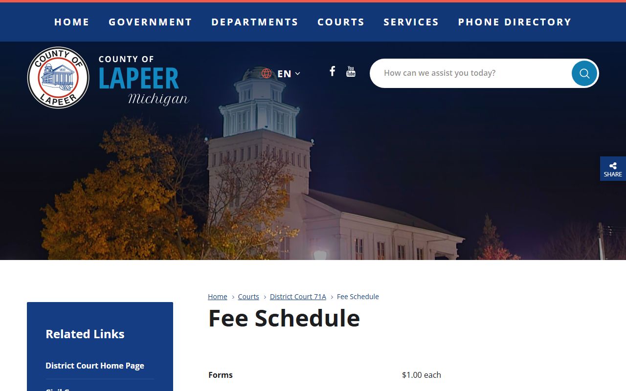 Lapeer County District Court fee schedule for the 71A District Court
