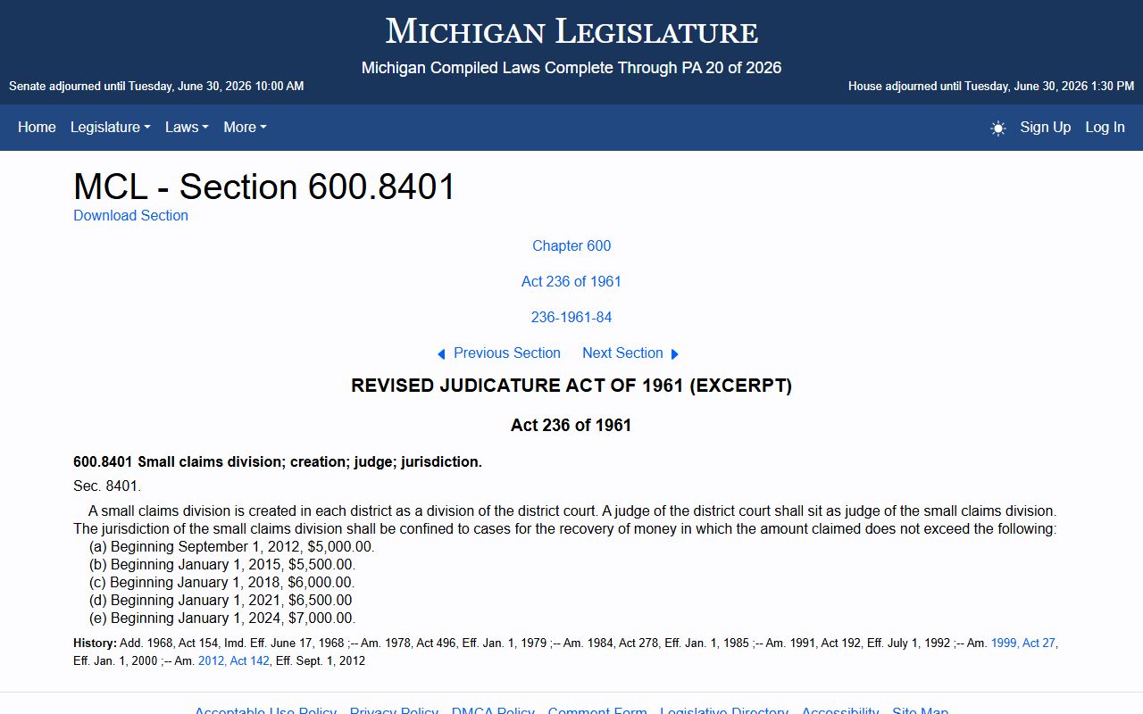 Lapeer County small claims division statute MCL 600.8401 for the District Court