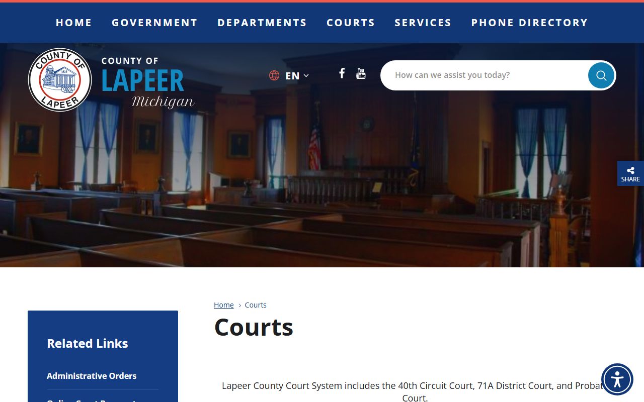 Lapeer County courts landing page with court records links