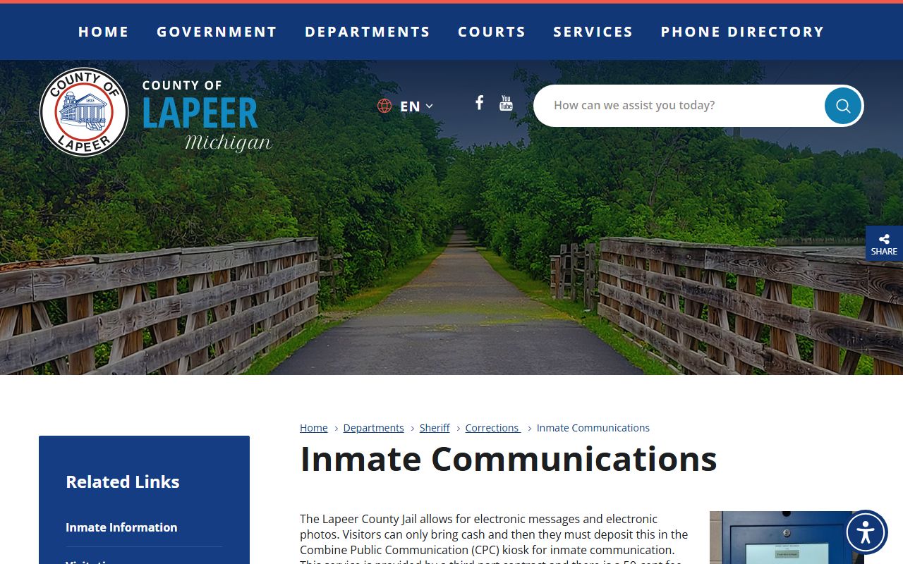 Lapeer County jail inmate communications page for inmate records
