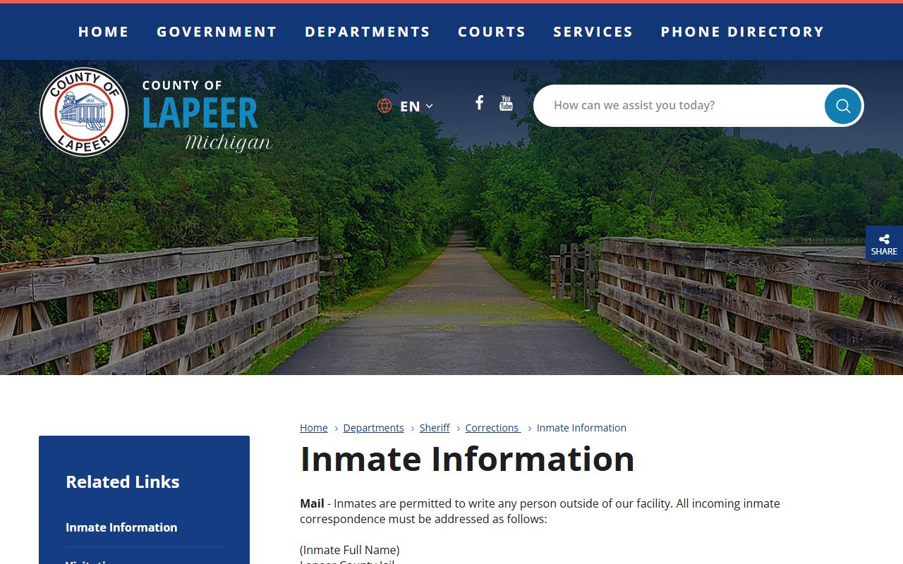 Lapeer County jail inmate information page for inmate records