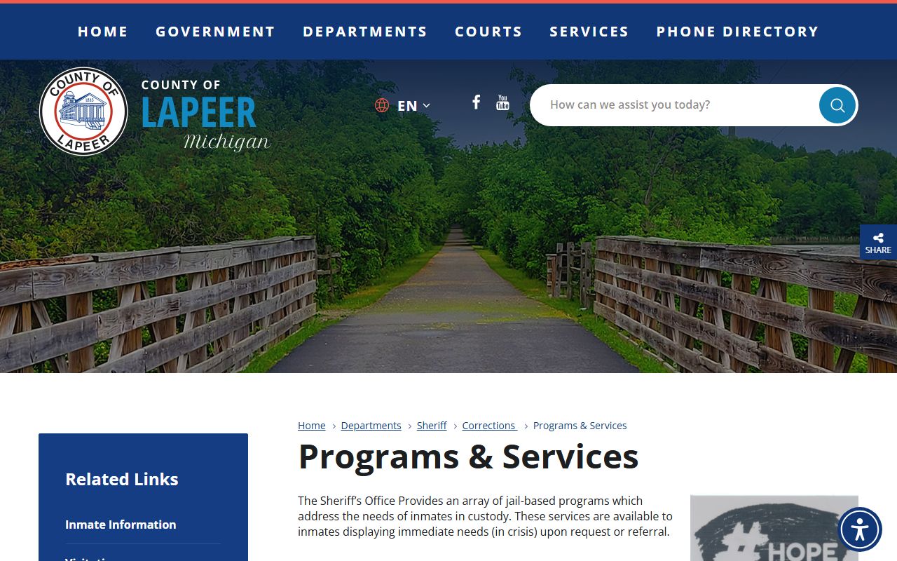 Lapeer County jail programs and services page for inmate records