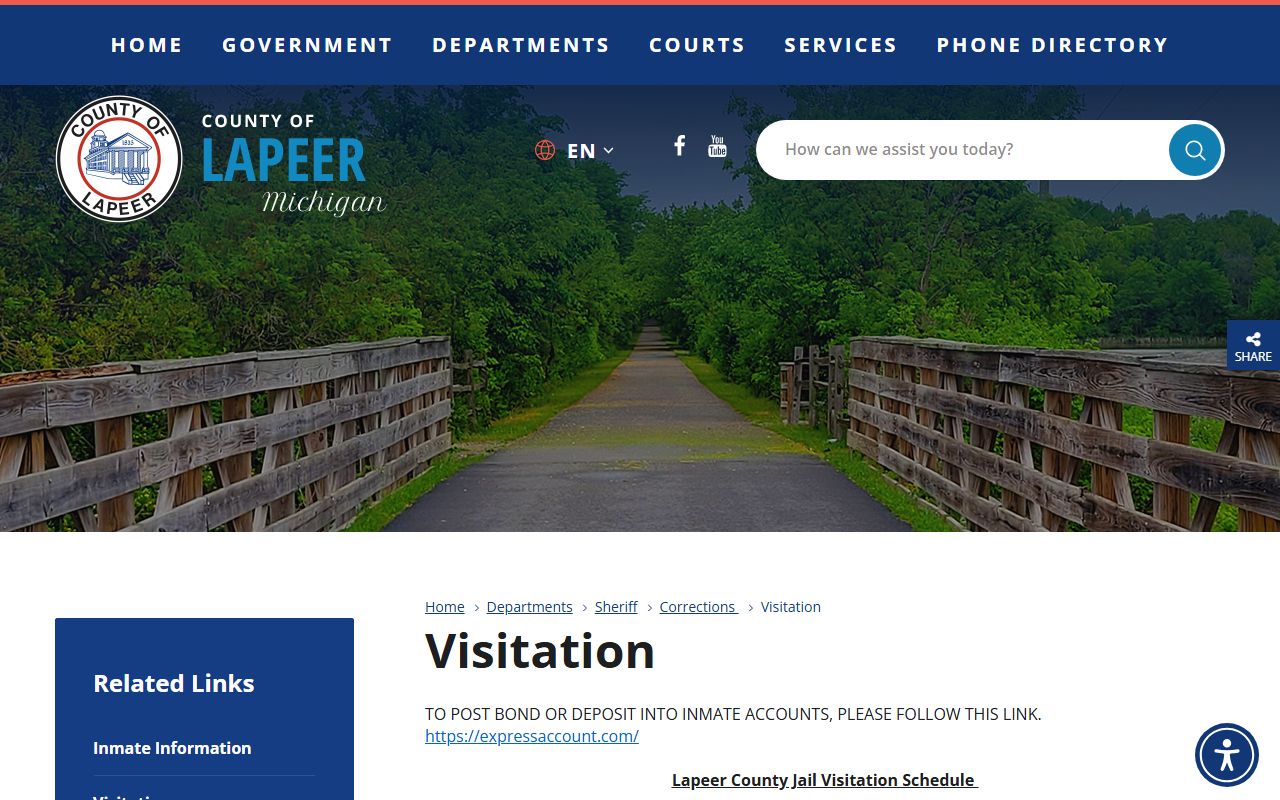 Lapeer County jail visitation page for inmate records
