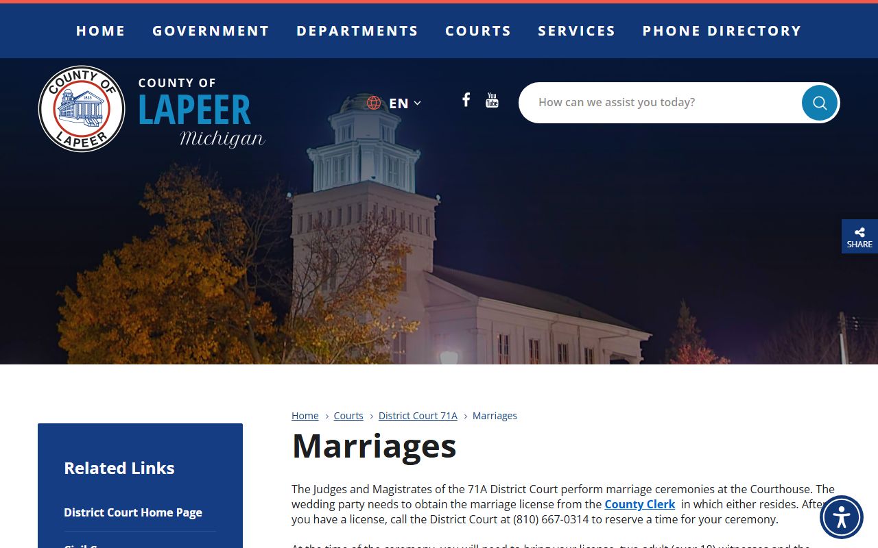 Lapeer County District Court marriage ceremony information page
