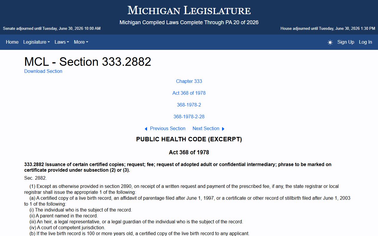 Lapeer County Michigan vital-record restriction statute for marriage and divorce records