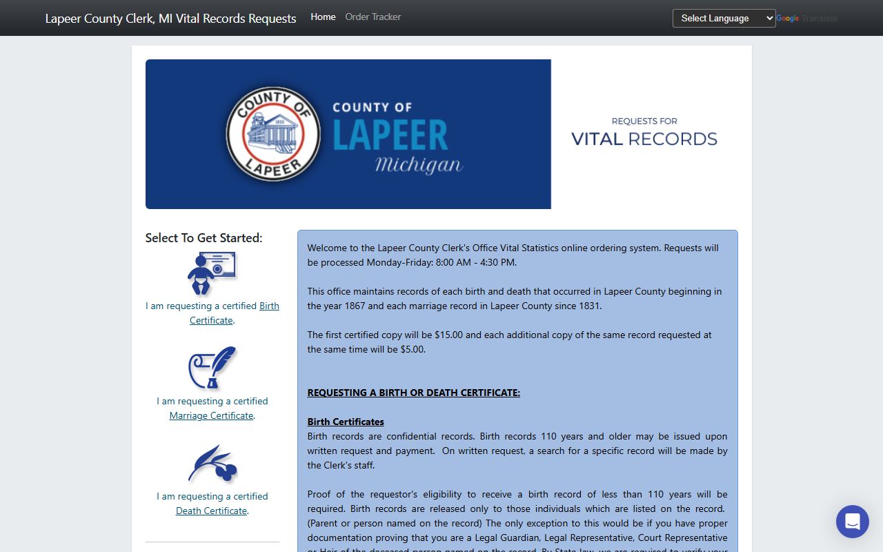 Lapeer County marriage records order portal for certified certificate copies