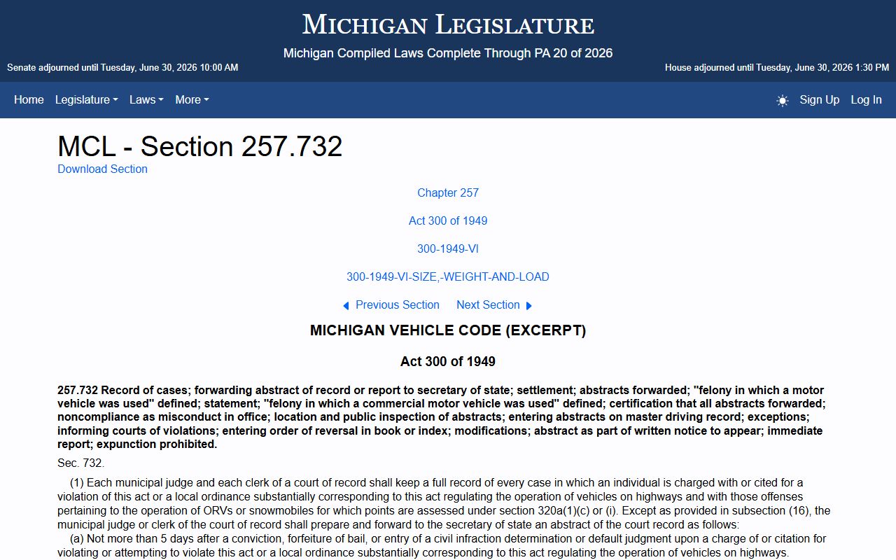 MCL 257.732 traffic conviction reporting statute behind Lapeer County traffic court records