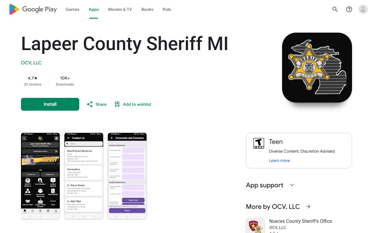 Lapeer County Sheriff warrant app listing on Google Play