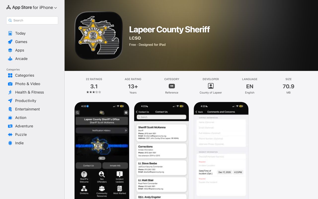 Lapeer County Sheriff warrant app listing in the Apple App Store